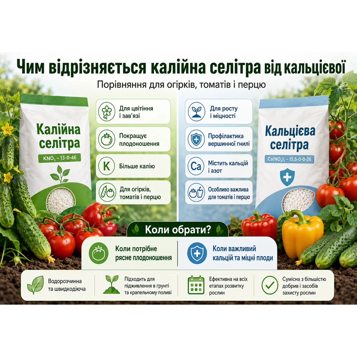 Чем отличается калийная селитра от кальциевой: сравнение для огурцов, томатов и перца
