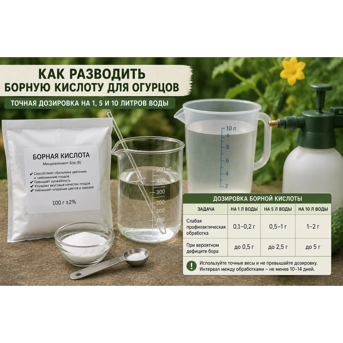 Як розводити борну кислоту для огірків: дозування на 1 і 10 літрів води.