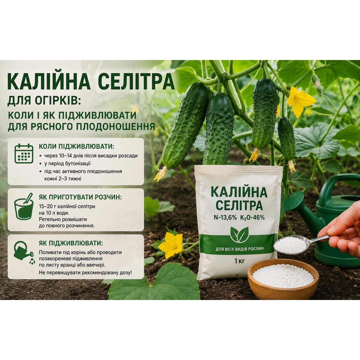 Калійна селітра для огірків: коли і як підживлювати для рясного плодоношення