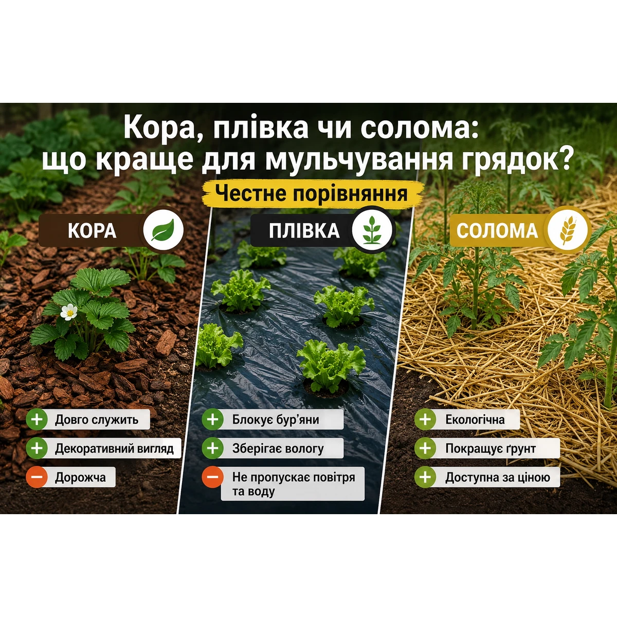 Кора, плівка чи солома: що краще для мульчування грядок? Честне порівняння