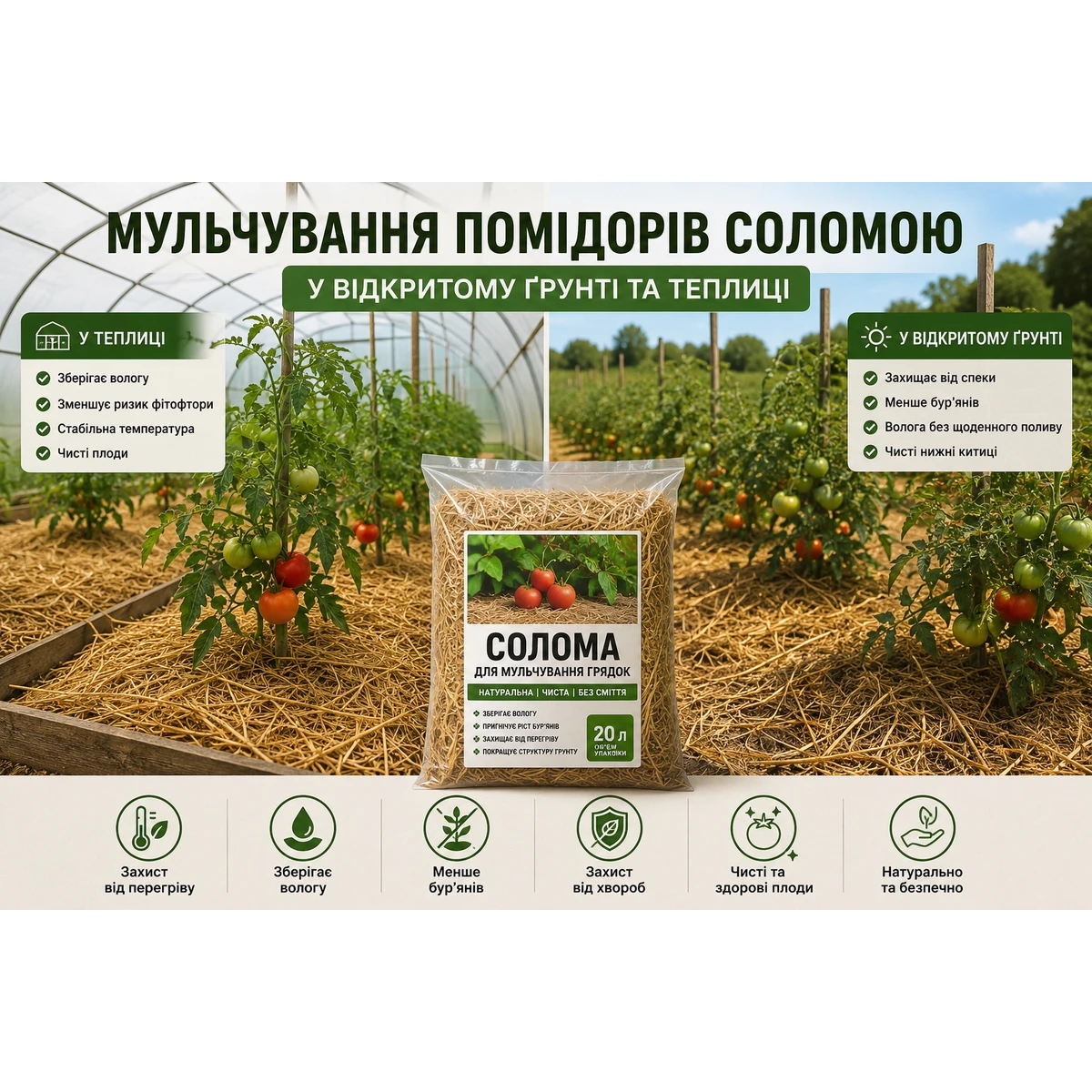 Мульчування помідорів соломою у відкритому ґрунті та теплиці