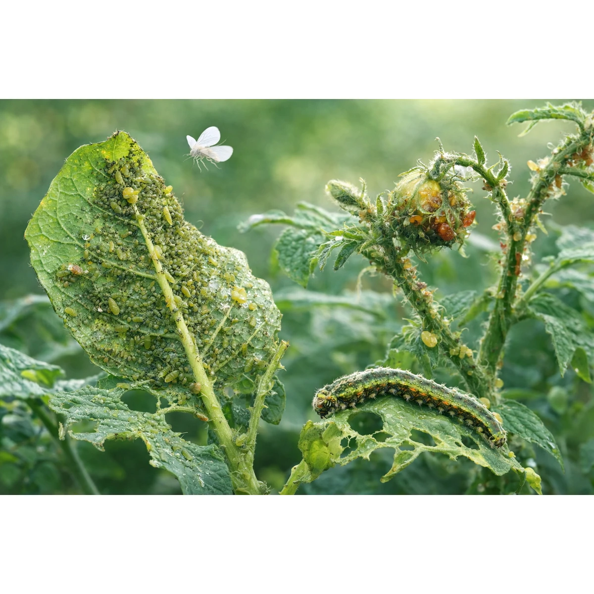 Признаки повреждения растений тлёй, белокрылкой и гусеницей